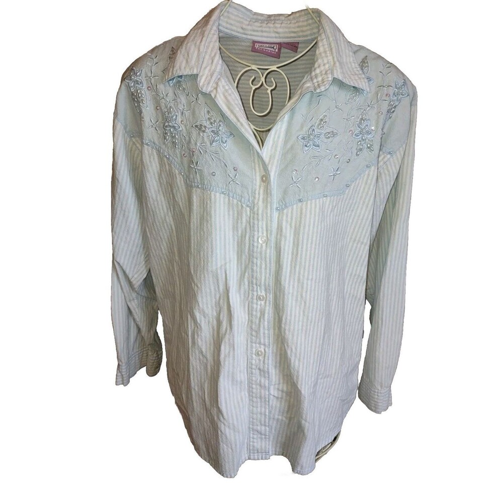 Sz L Blue Denim & White Beaded Striped Button Up Embroider